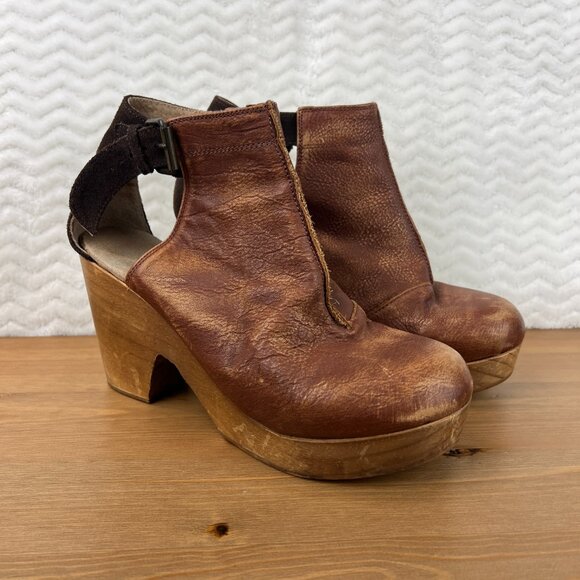 Free People Amber Orchard Heel Platform Clog Two Tone Brown Leather Sz 8.5 EU39 - Picture 2 of 12